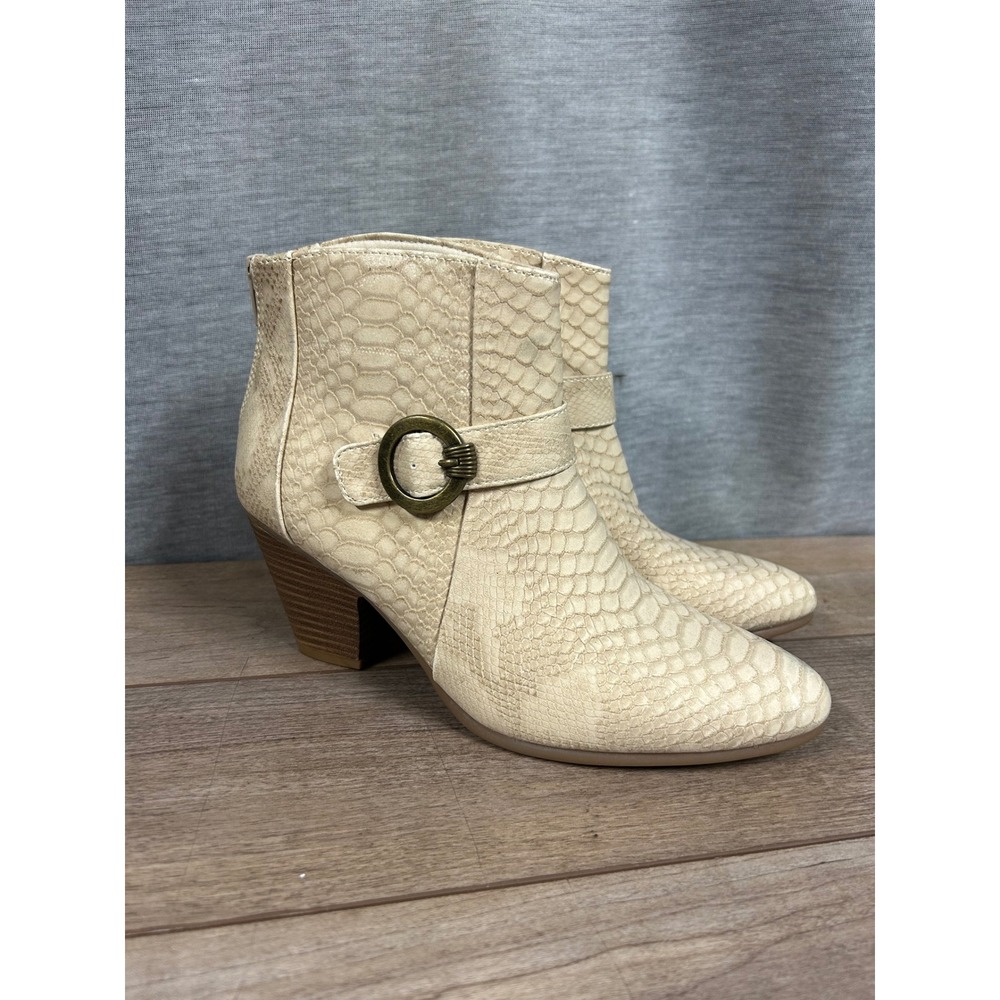 Baretraps Lucia Cream Snakeskin Ankle Boots Buckle Block Heel Womens 8M